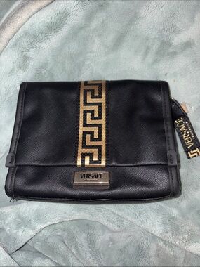 BRAND NEW Versace Black Toiletry Pouch with Gold Greek Key Accent